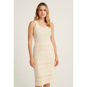 Women's Newport News Beige Crochet Knit Midi Skirt‎ Lg Cottagecore Bohemian Chic